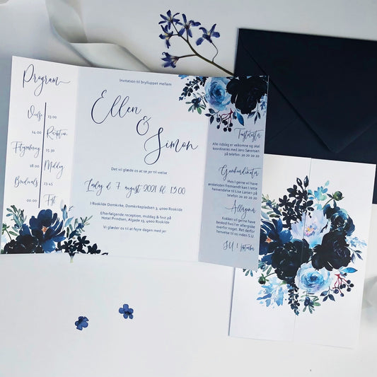 Blå flora portefals invitation